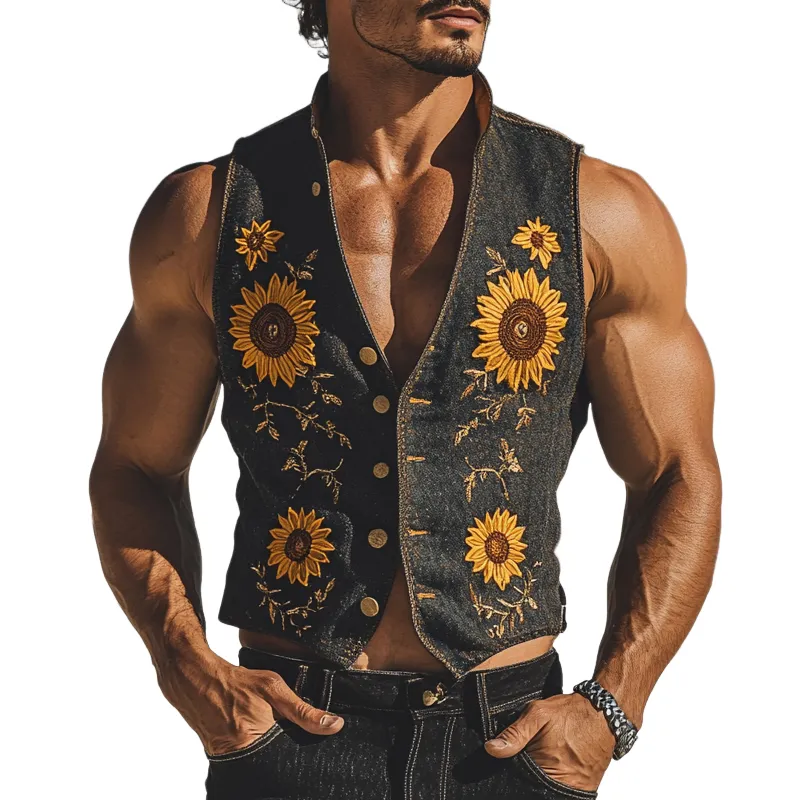 Men's Casual Denim Sunflower Floral Embroidered Vest MTA1164D9X sold by Manly