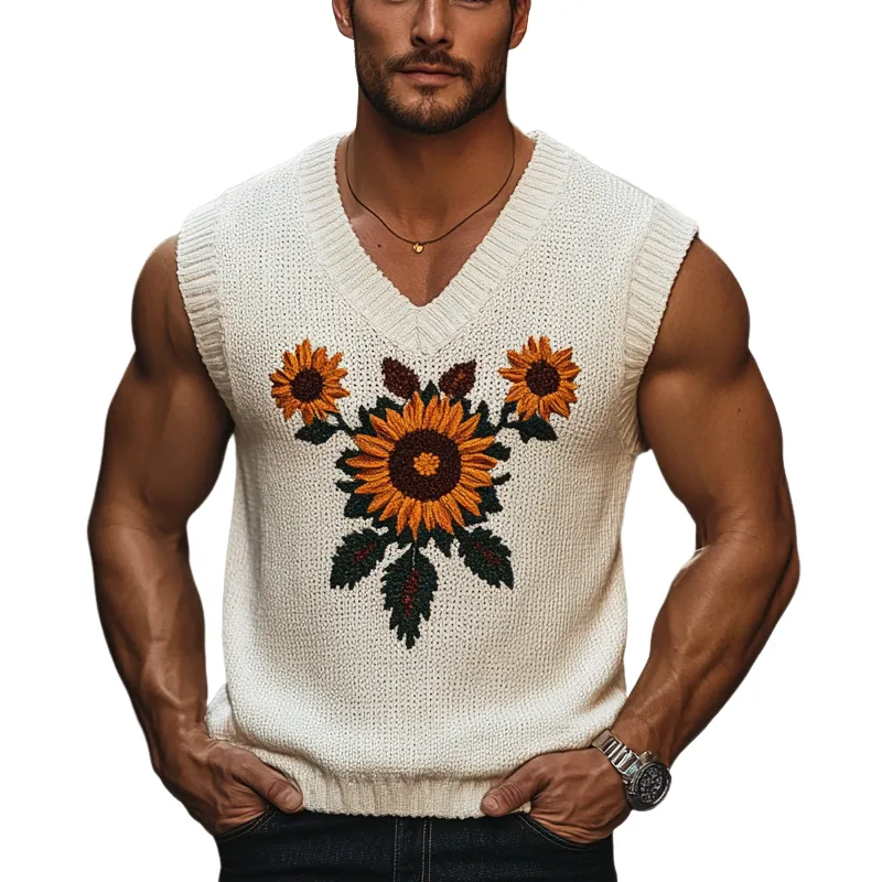 Men's Casual Knitted Sunflower Jacquard V-Neck Tank Top MTA1107D2X sold by Manly