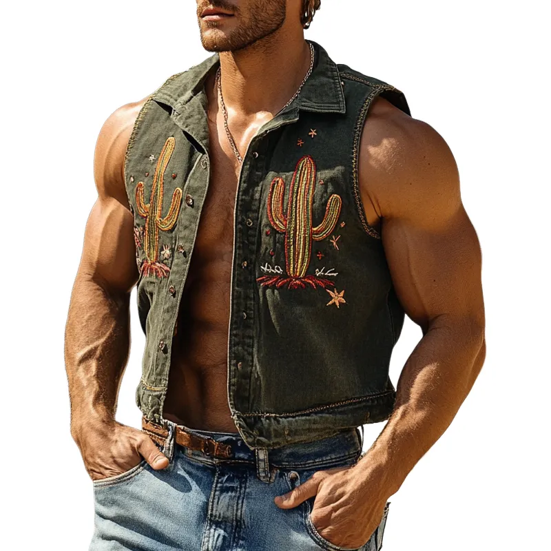 Men's Denim Cactus Fun Embroidered Lapel Vest MTA1153D6X sold by Manly