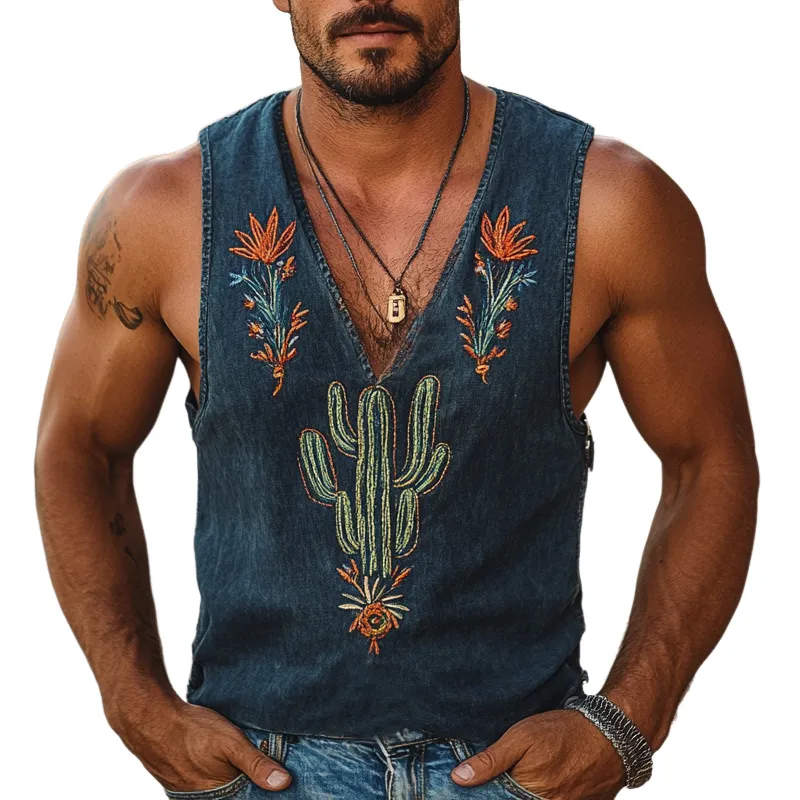 Men's Vintage Washed Cactus Embroidered V-Neck Tank Top MTA1140D9X made by Manly