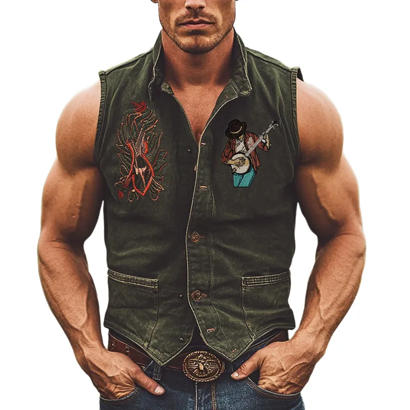 Men's Western Cowboy Embroidered Lapel Denim Vest MTA1152D2X sold by Manly