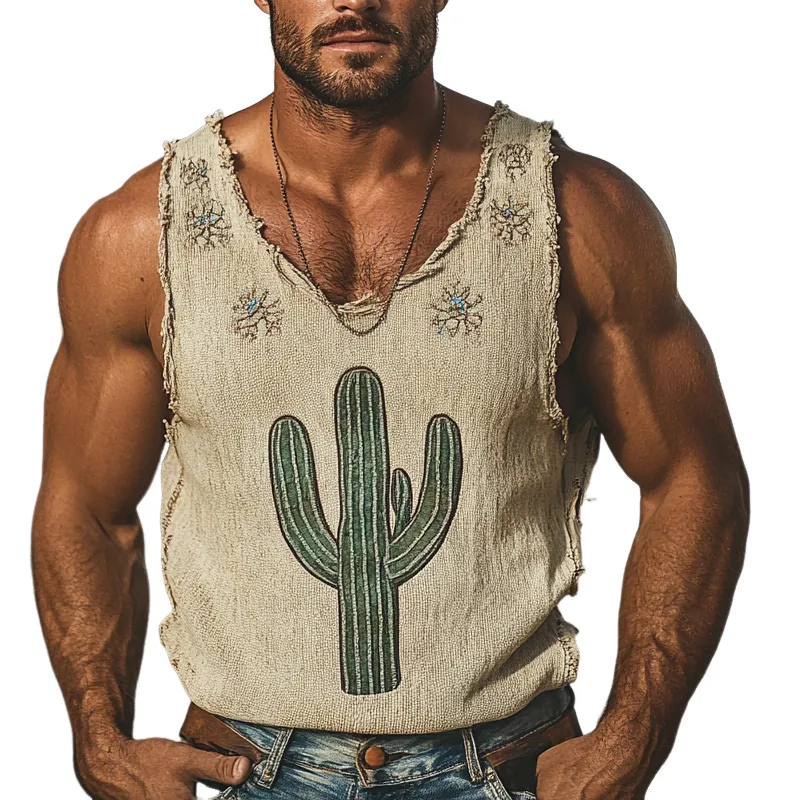 Men's Vintage Cactus Embroidered Tank Top MTA1156D7X made by Manly