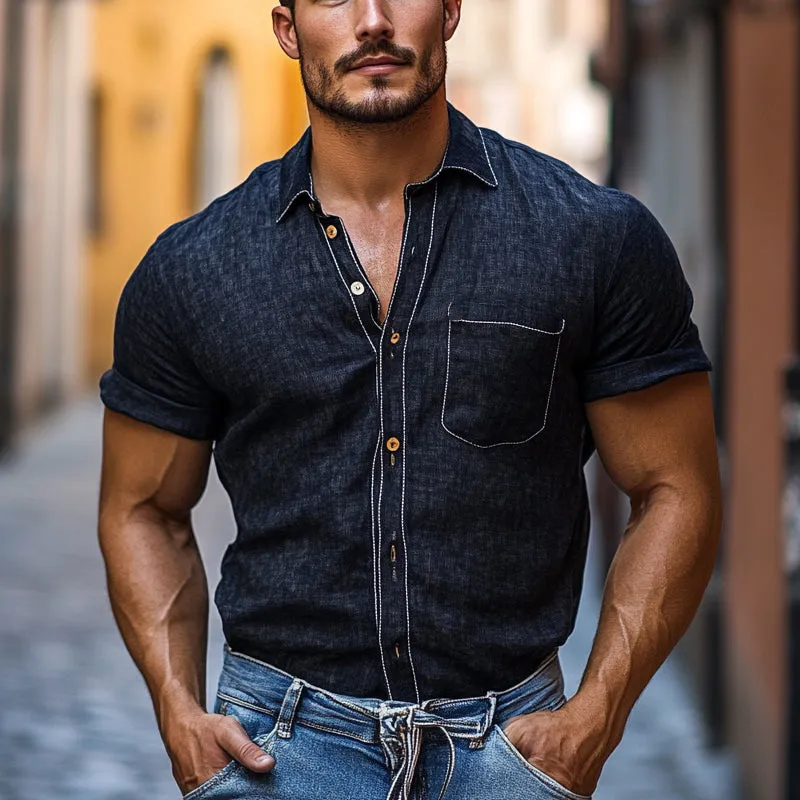 Men's Cotton And Linen Solid Color Short Sleeve Shirt MTA1127D9X sold by Manly product image thumbnail 2