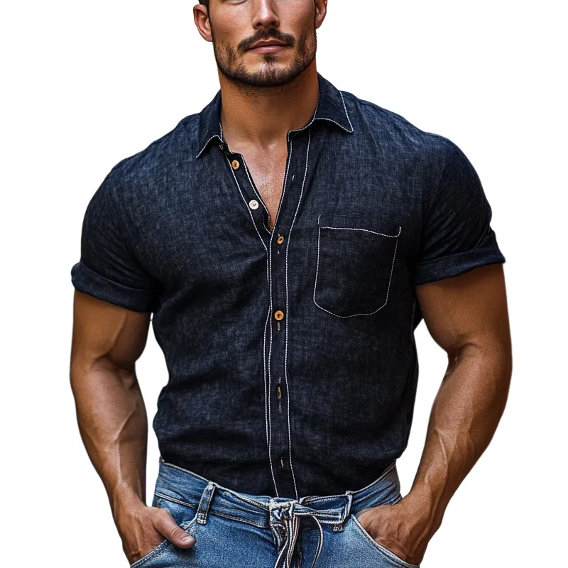 Men's Cotton And Linen Solid Color Short Sleeve Shirt MTA1127D9X sold by Manly