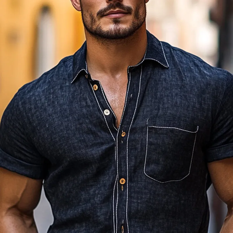 Men's Cotton And Linen Solid Color Short Sleeve Shirt MTA1127D9X sold by Manly product image thumbnail 3