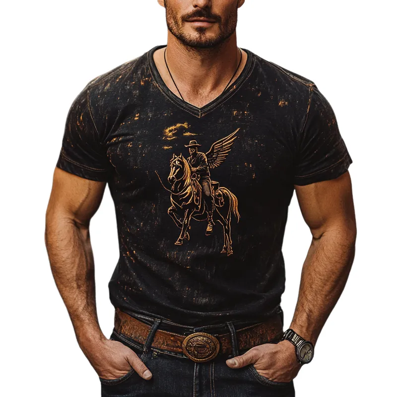 Men's Vintage Western Print V-Neck Short Sleeve T-Shirt MTA1181D3X sold by Manly