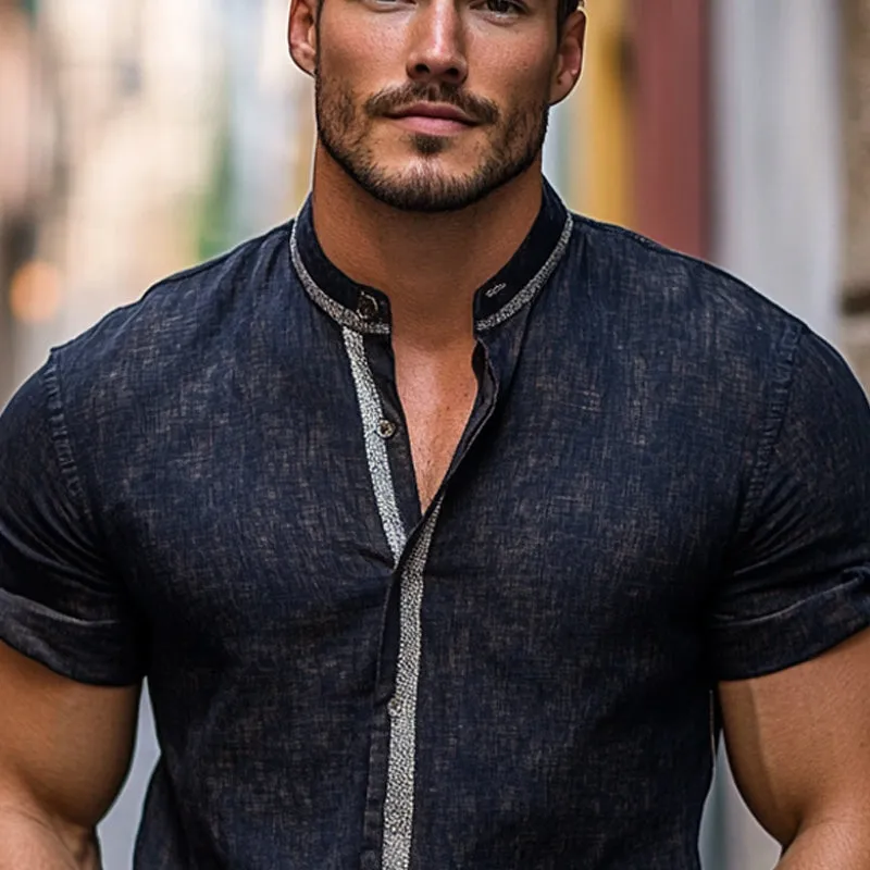 Men's Cotton And Linen Solid Color Short-Sleeved Stand Collar Shirt MTA1187D2X sold by Manly product image thumbnail 3