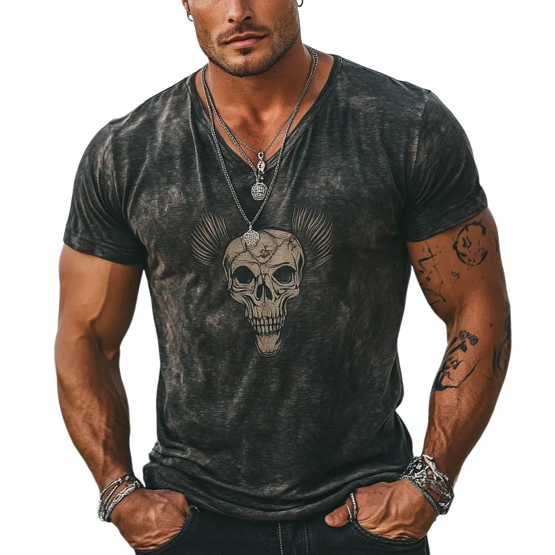Men's Vintage Skeleton V-Neck Short Sleeve T-Shirt MTA1125D0X sold by Manly