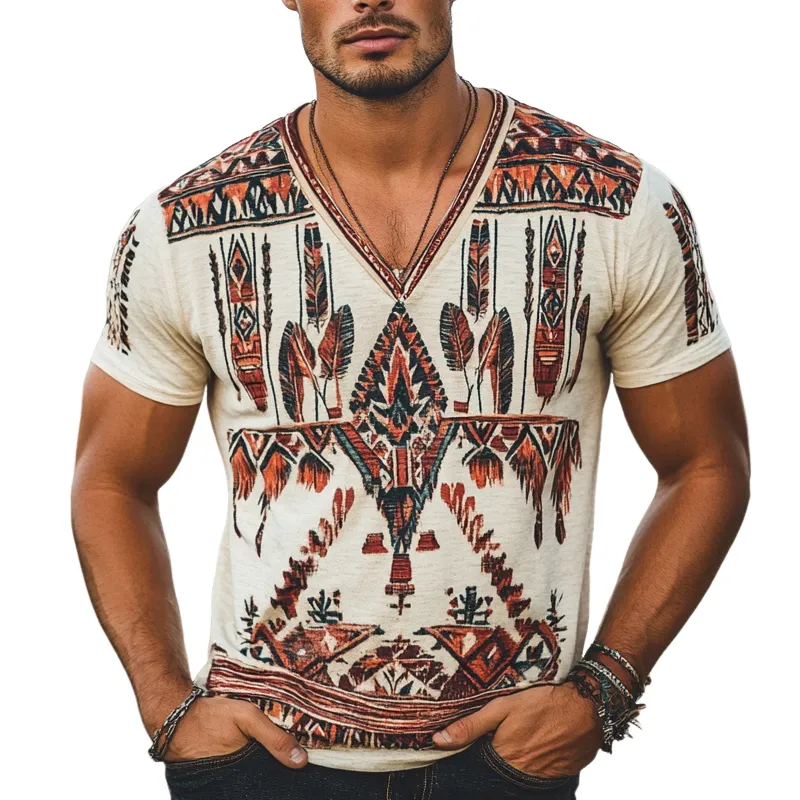 Men's Vintage Casual Printed V Neck Short Sleeve T-Shirt MTA1127D5X sold by Manly