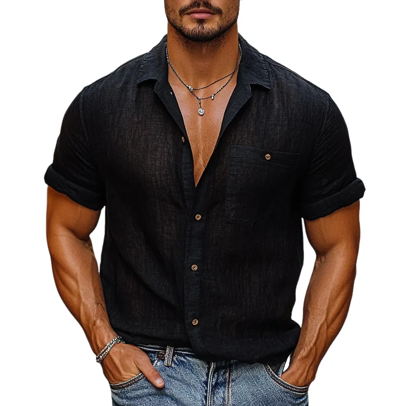 Men's Loose Cotton And Linen Solid Color Lapel Short Sleeve Shirt MTA1110D2X sold by Manly