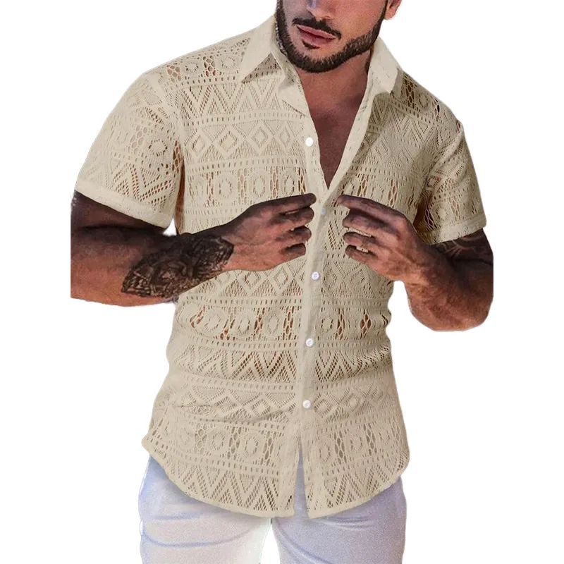 Men's Vintage Lace Short Sleeve Lapel Shirt MTA1155D7X sold by Manly