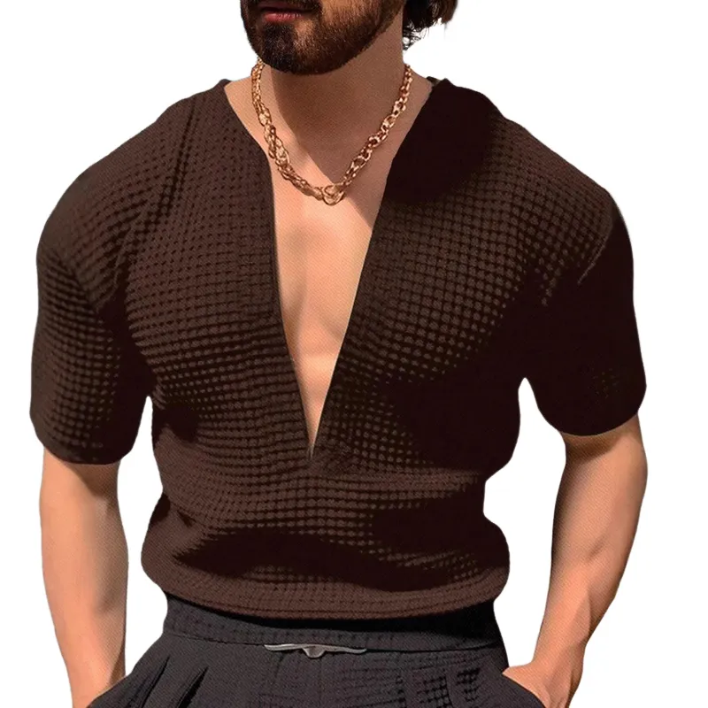 Men's solid color V-neck short-sleeved waffle T-shirt MTA1184D6X sold by Manly