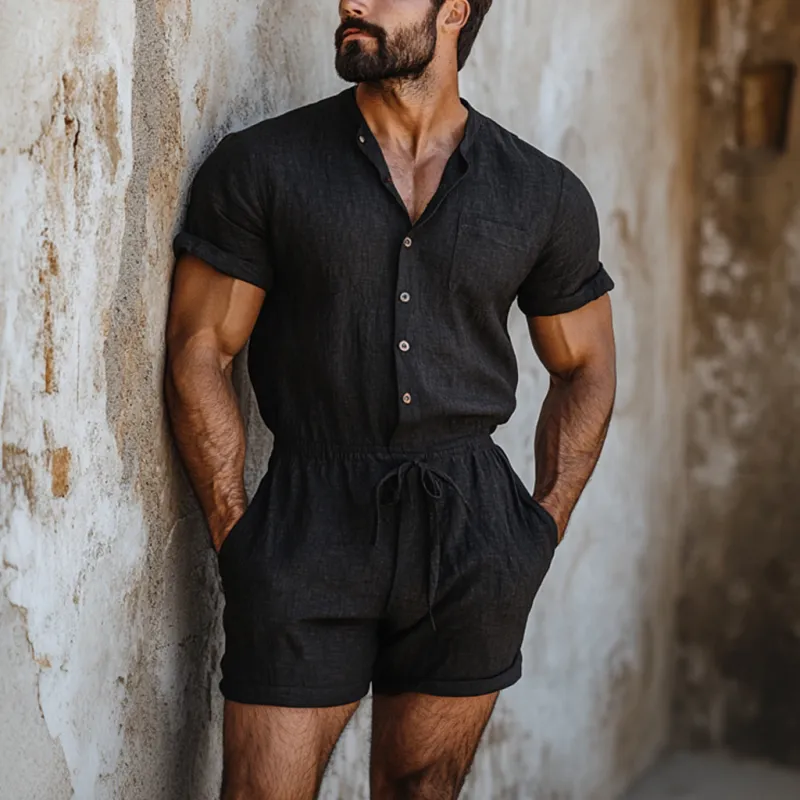 Men's Casual Breathable Cotton Linen Round Neck Single Breasted Short Sleeve Shorts Slim Jumpsuit MTA1193D3M sold by Manly product image thumbnail 2