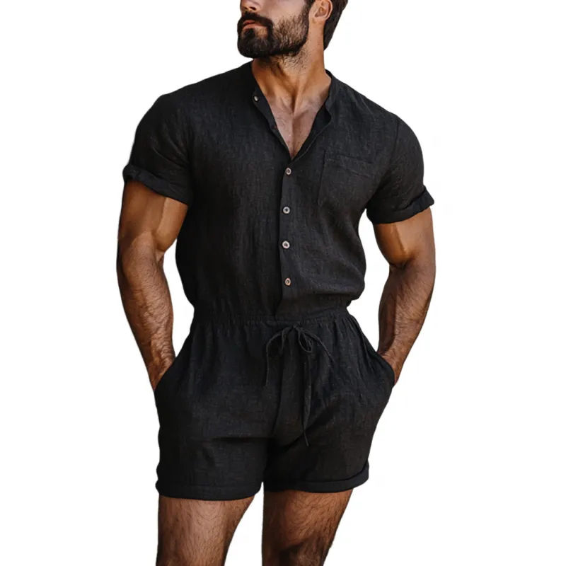 Men's Casual Breathable Cotton Linen Round Neck Single Breasted Short Sleeve Shorts Slim Jumpsuit MTA1193D3M sold by Manly