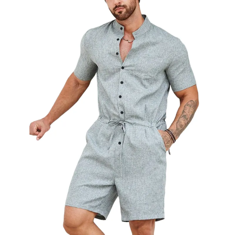 Men's Casual Breathable Cotton Linen Stand Collar Patch Pocket Short Sleeve Shorts Jumpsuit MTA1092D5M sold by Manly