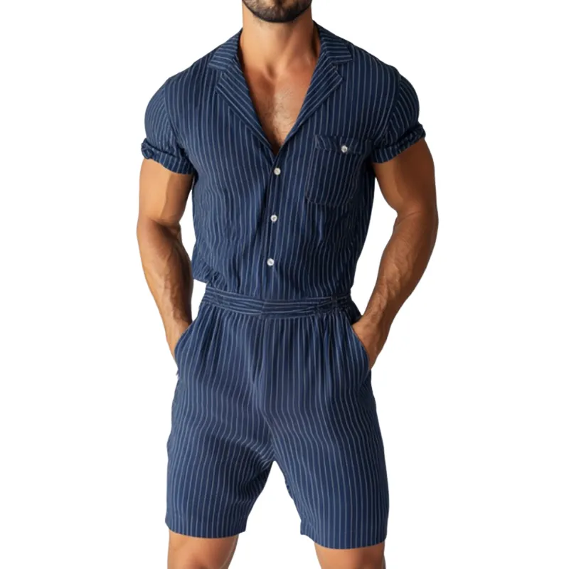 Men's Casual Striped Cotton Linen Cuban Collar Short Sleeve Shorts Slim Fit Jumpsuit MTA1047D4M sold by Manly