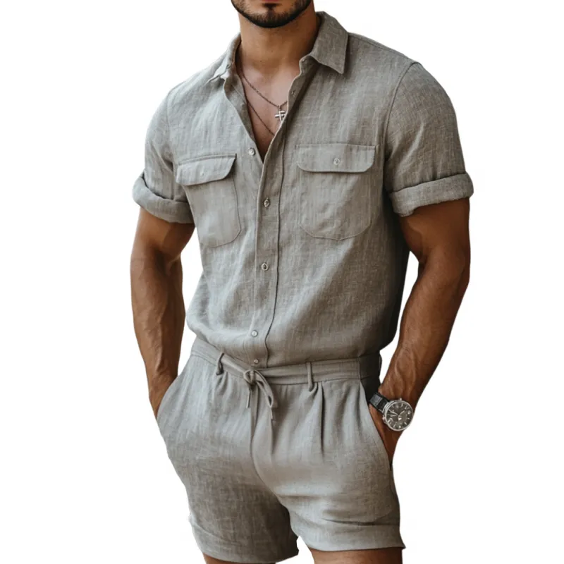 Men's Casual Breathable Cotton Lapel Multi-Pocket Short Sleeve Shorts Slim Fit Jumpsuit MTA1094D1M sold by Manly