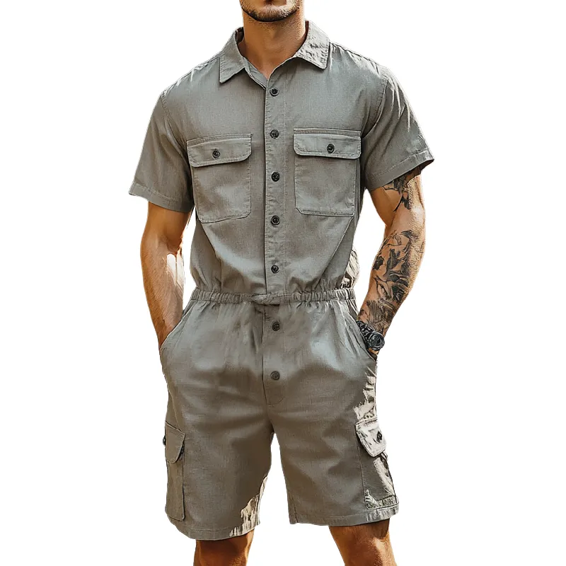 Men's Casual Breathable Cotton Lapel Multi-Pocket Short Sleeve Shorts Cargo Jumpsuit MTA1012D1M sold by Manly