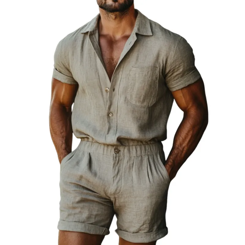 Men's Casual Cotton Linen Lapel Patch Pockets Short Sleeve Shorts Slim Fit Jumpsuit MTA1025D8M sold by Manly