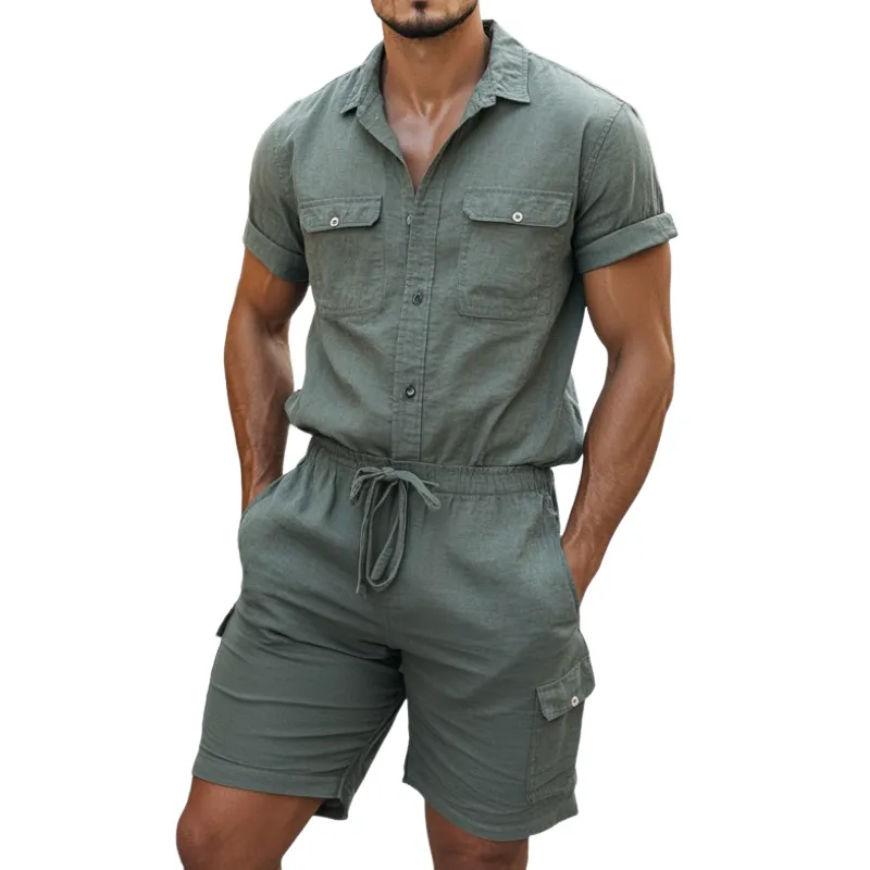 Men's Casual Cotton Linen Lapel Multi-Pocket Short Sleeve Shorts Slim Fit Cargo Jumpsuit MTA1075D9M sold by Manly