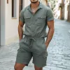 Men's Casual Cotton Linen Lapel Multi-Pocket Short Sleeve Shorts Slim Fit Cargo Jumpsuit MTA1075D9M sold by Manly