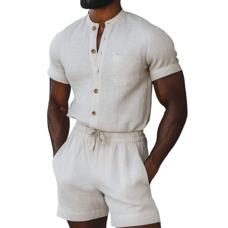 Men's Casual Linen Stand Collar Slim Fit Patch Pockets Short Sleeve Shorts Jumpsuit MTA1064D1M sold by Manly