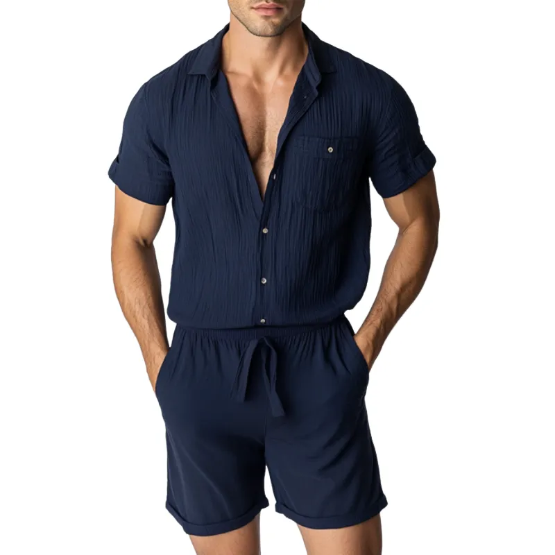 Men's Casual Cotton Linen Pleated Lapel Patch Pockets Short Sleeve Shorts Slim Fit Jumpsuit MTA1023D8M sold by Manly