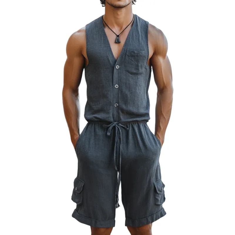 Men's Casual Linen V-neck Single Breasted Slim Fit Sleeveless Shorts Jumpsuit MTA1072D4M sold by Manly