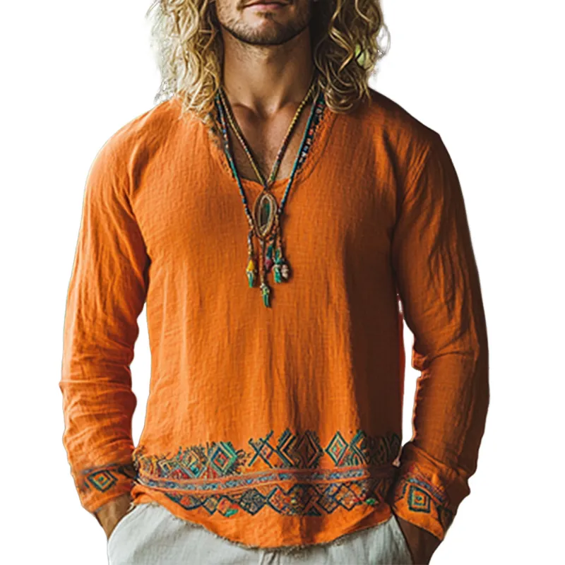 Men's Casual Cotton and Linen Embroidered Long Sleeve T-Shirt MTA1014D2X sold by Manly