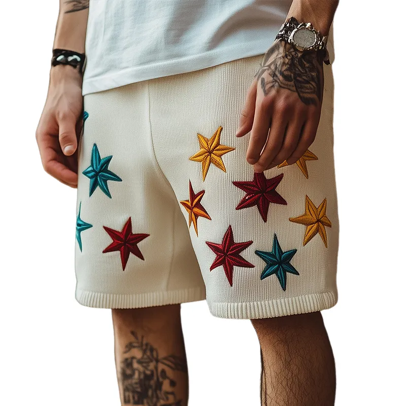 Men's Retro Casual Knitted Colorful Star Drawstring Shorts MTA1138D8TO sold by Manly