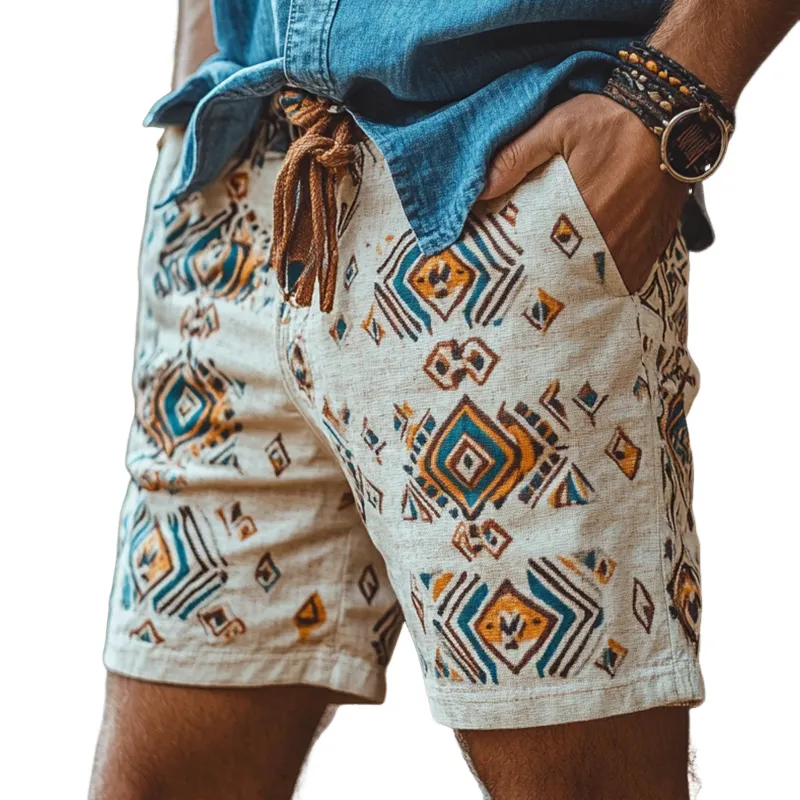 Men's Retro Casual Ethnic Style Printed Linen Shorts MTA1110D3TO sold by Manly