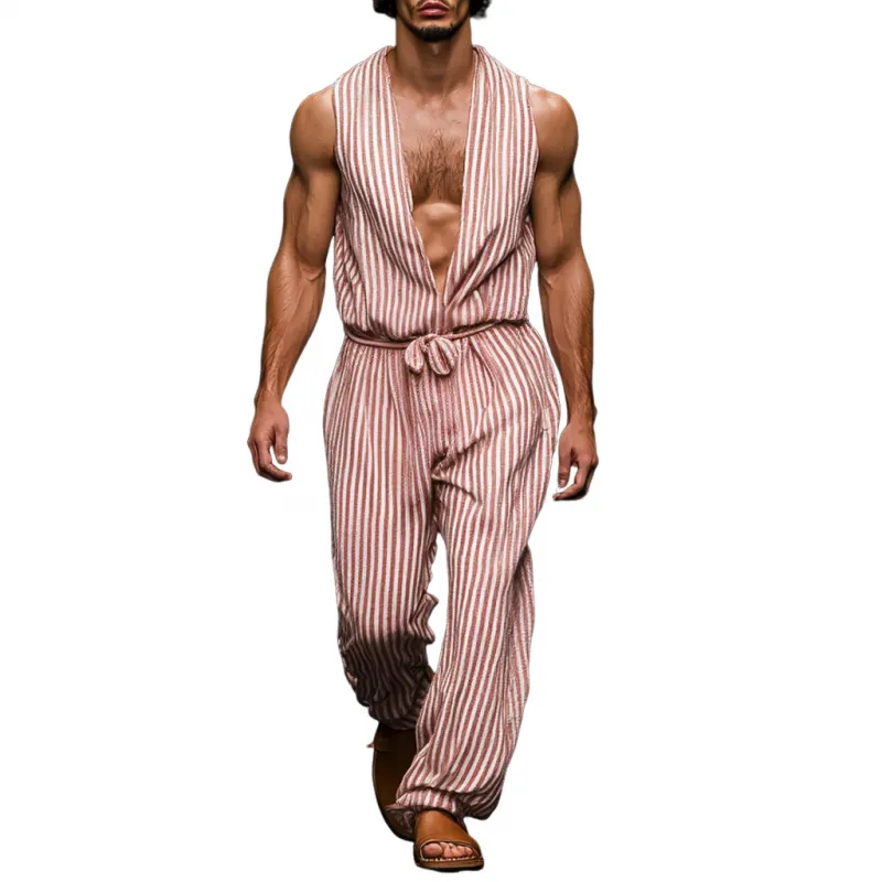 Men's Casual Breathable Cotton Linen Striped Deep V Neck Sleeveless Loose Jumpsuit MTA1166D2M sold by Manly