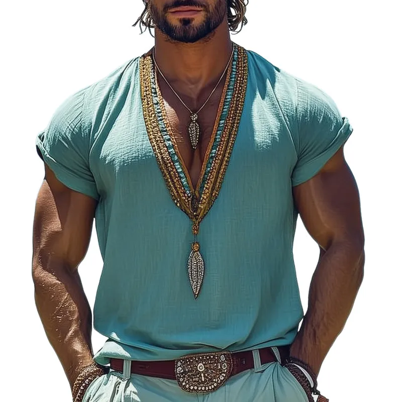 Men's Summer Breathable Cotton and Linen V-neck Embroidered T-shirt MTA0986D2U sold by Manly