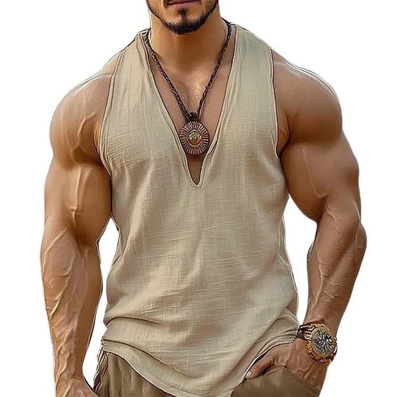 Men's Summer Basic Cotton Solid Color V-Neck Tank Top MTA1199D2U sold by Manly