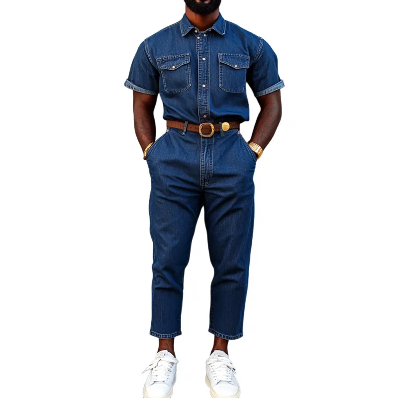 Men's Casual Washed Denim Lapel Chest Pocket Short Sleeve Slim Fit Jumpsuit (Belt Excluded) MTA1005D8M sold by Manly