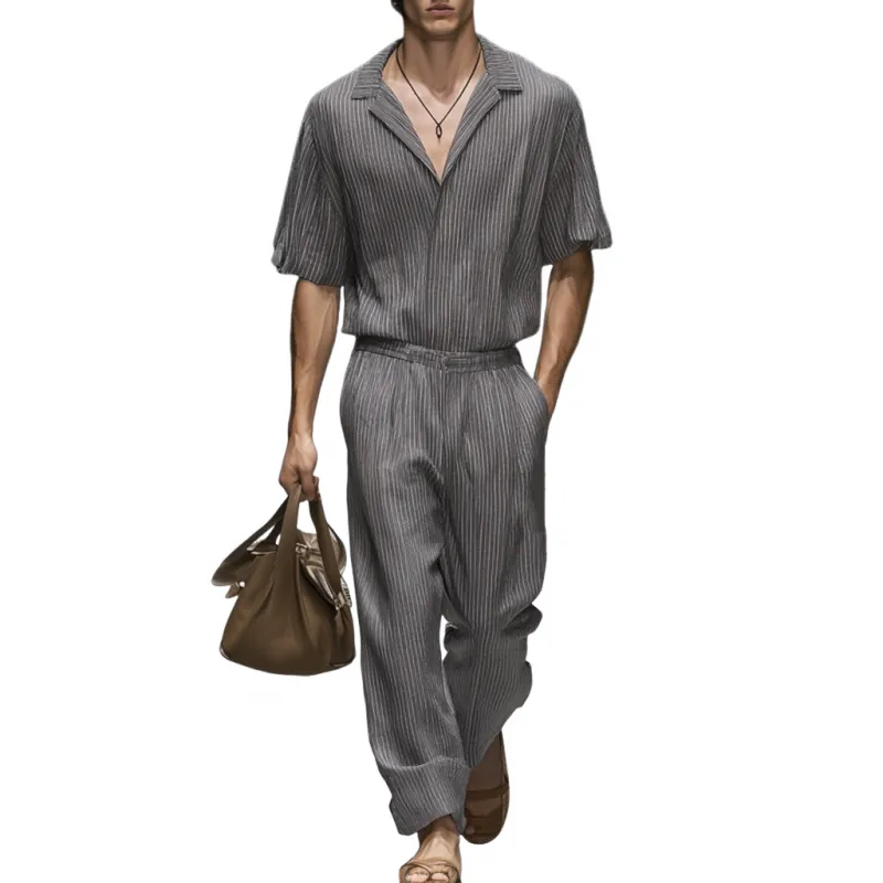 Men's Casual Comfortable Cotton Striped Lapel Short Sleeve Loose Holiday Jumpsuit MTA1056D8M sold by Manly