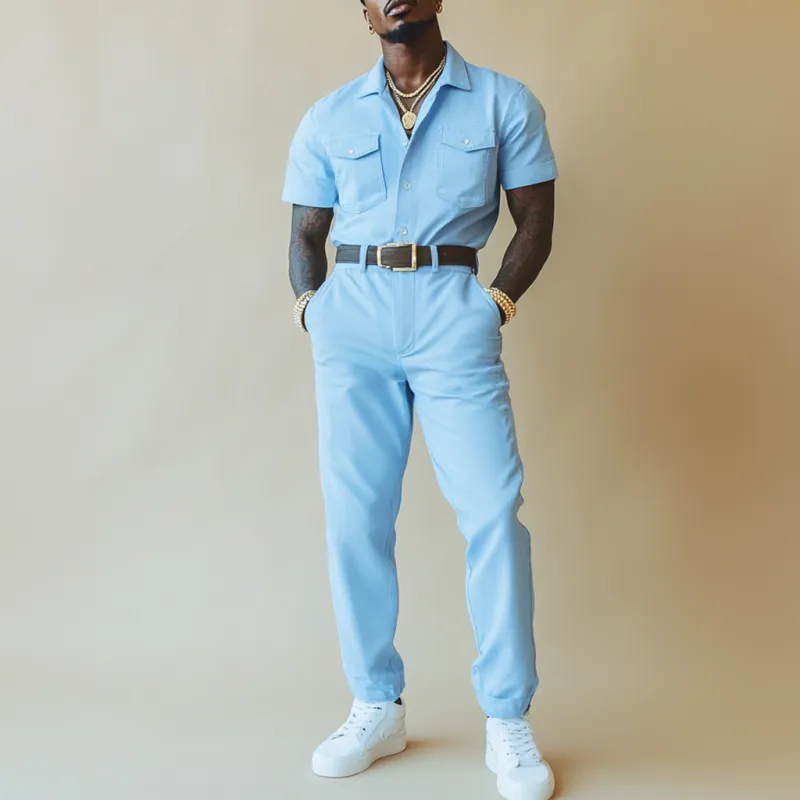 Men's Casual Comfort Cotton Lapel Chest Pocket Short Sleeve Slim Fit Workwear Jumpsuit (Belt Excluded) MTA1045D6M sold by Manly product image thumbnail 2