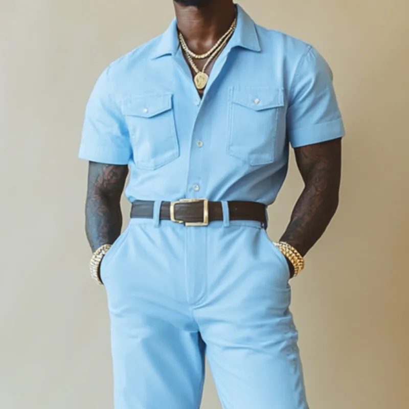 Men's Casual Comfort Cotton Lapel Chest Pocket Short Sleeve Slim Fit Workwear Jumpsuit (Belt Excluded) MTA1045D6M sold by Manly product image thumbnail 3