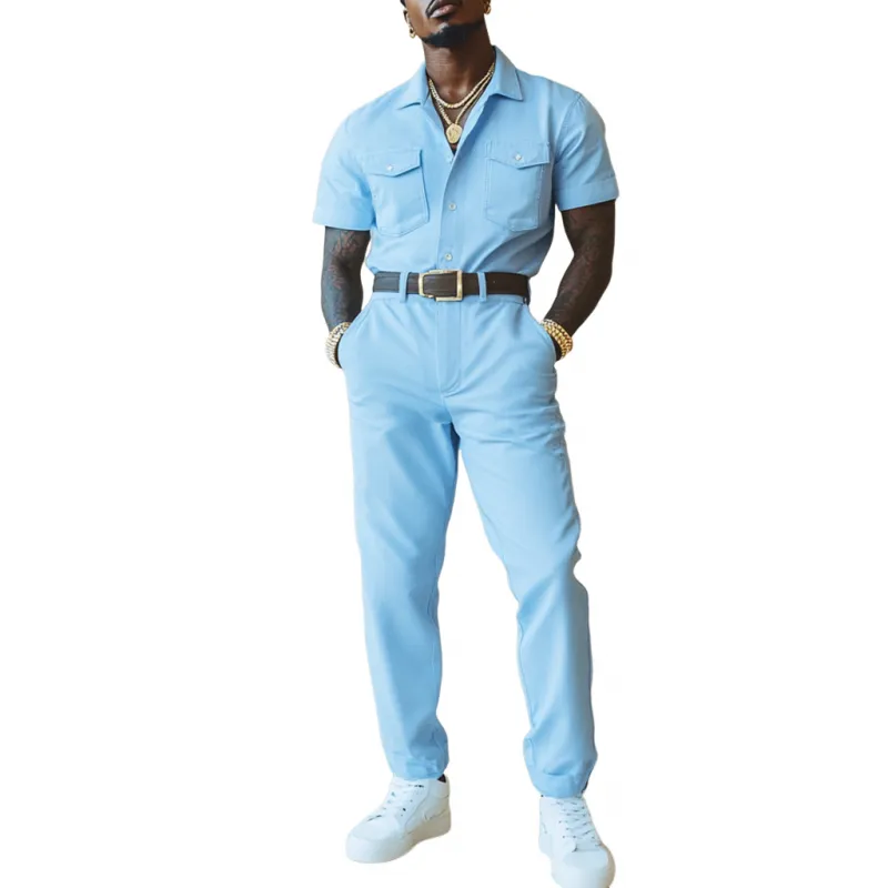 Men's Casual Comfort Cotton Lapel Chest Pocket Short Sleeve Slim Fit Workwear Jumpsuit (Belt Excluded) MTA1045D6M sold by Manly