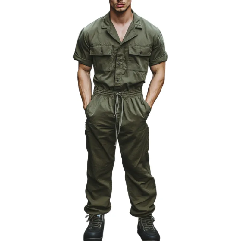 Men's Casual Comfort Cotton Cuban Collar Chest Pocket Short Sleeve Slim Fit Workwear Jumpsuit MTA1013D4M sold by Manly