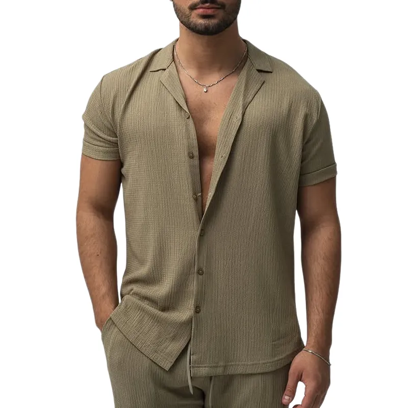 Men's Solid Textured Lapel Short Sleeve Casual Shirt MTA1179D8Z sold by Manly