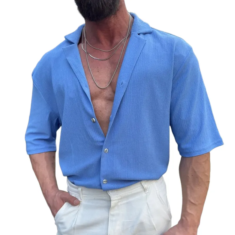 Men's Solid Textured Lapel Short Sleeve Casual Shirt MTA1193D0Z sold by Manly