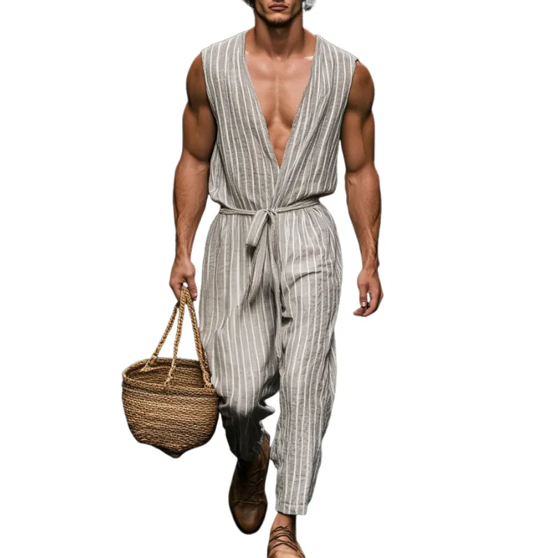 Men's Casual Breathable Cotton Linen Striped V-Neck Sleeveless Belted Loose Jumpsuit MTA1093D4M sold by Manly