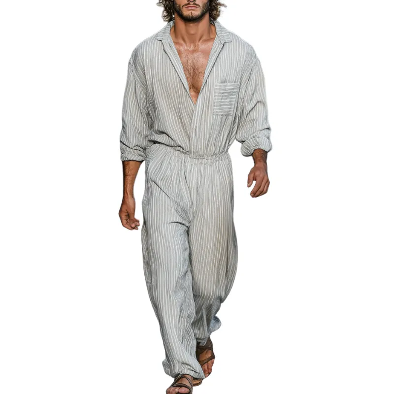 Men's Casual Breathable Cotton Linen Striped Lapel Long Sleeve Loose Jumpsuit MTA1000D1M sold by Manly