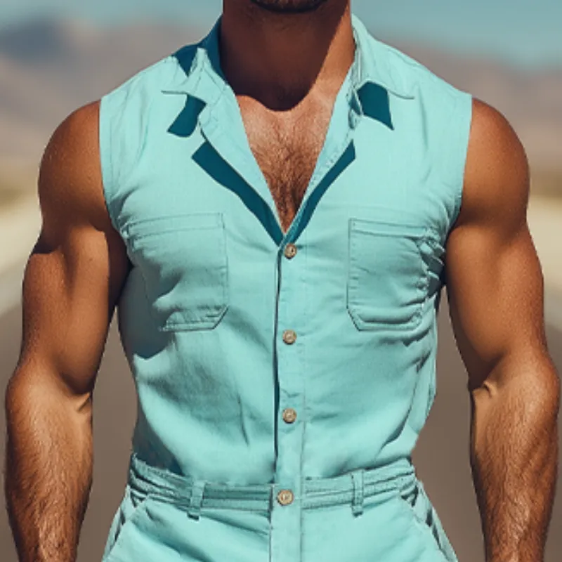 Men's Summer Fashion Casual Slim Fit Twill Cotton Sleeveless Shirt Shorts Workwear Jumpsuit MTA1120D7K sold by Manly product image thumbnail 4