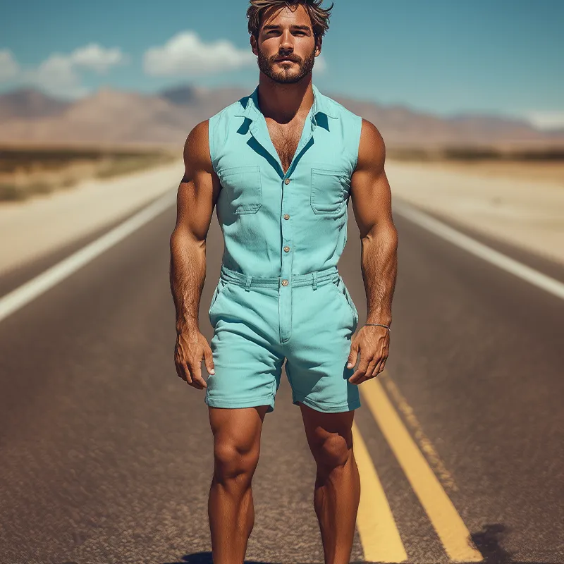 Men's Summer Fashion Casual Slim Fit Twill Cotton Sleeveless Shirt Shorts Workwear Jumpsuit MTA1120D7K sold by Manly product image thumbnail 3