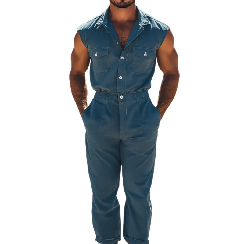 Men's Spring Summer Fashion Western Retro Multi-Pocket Sleeveless Shirt Pants Workwear Jumpsuit MTA1123D2K sold by Manly