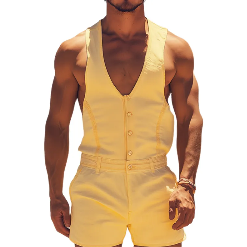 Men's Summer Fashion Western Retro Deep V Neck Vest Shorts Plain Cotton Jumpsuit MTA1183D3K sold by Manly