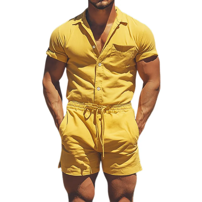 Men's Summer Fashion Western Retro Short Sleeve Shirt Elastic Waist Shorts Plain Cotton Suit MTA1120D6K sold by Manly