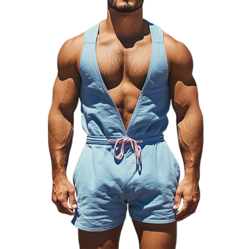 Men's Summer Fashion Casual Deep V-Neck Vest Shorts Cotton and Linen Jumpsuit MTA1120D9K sold by Manly